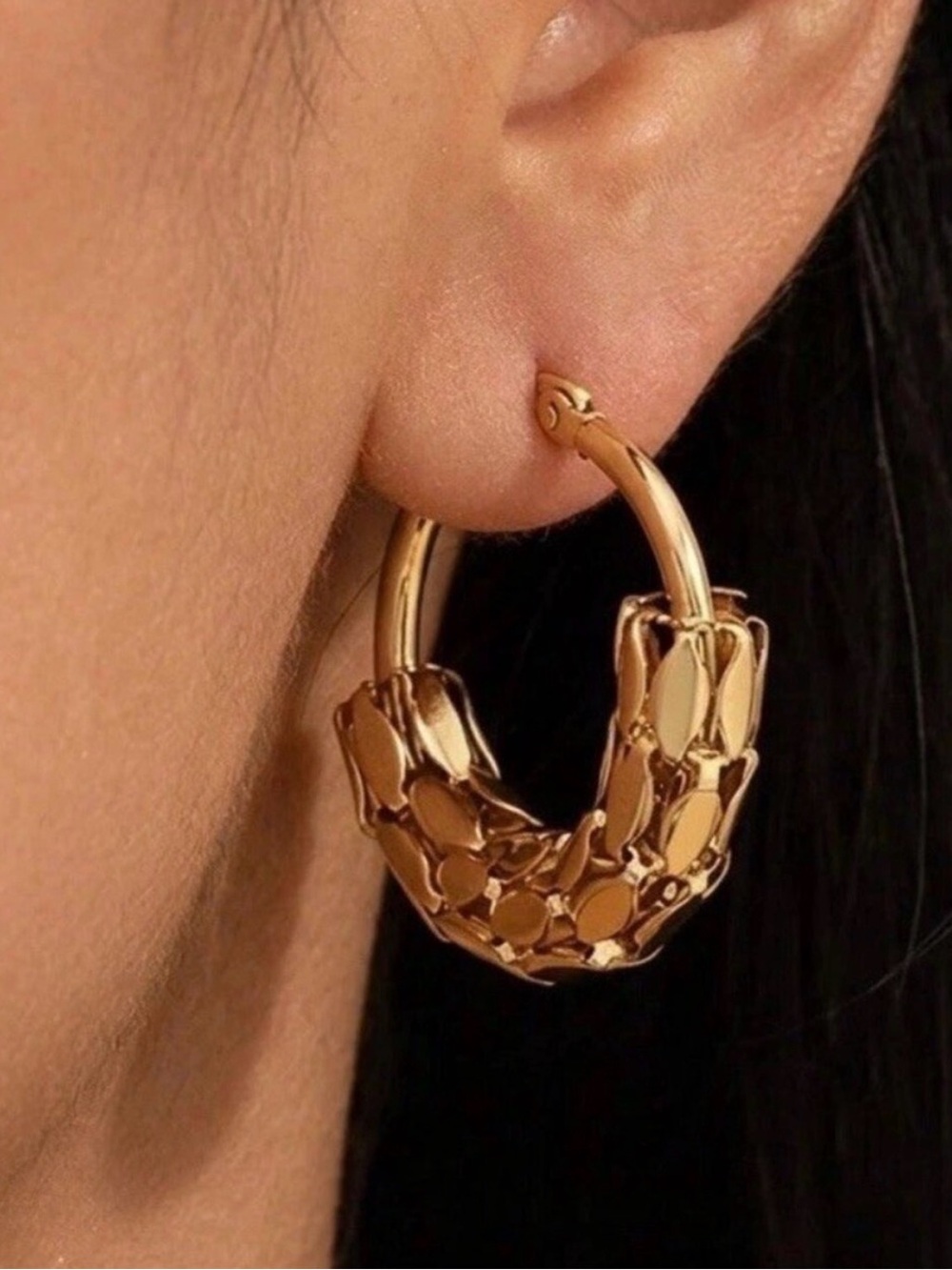 Gold Plated Snake Textured C-Hoop Earrings Stainless Steel Modern Jewelry Womens